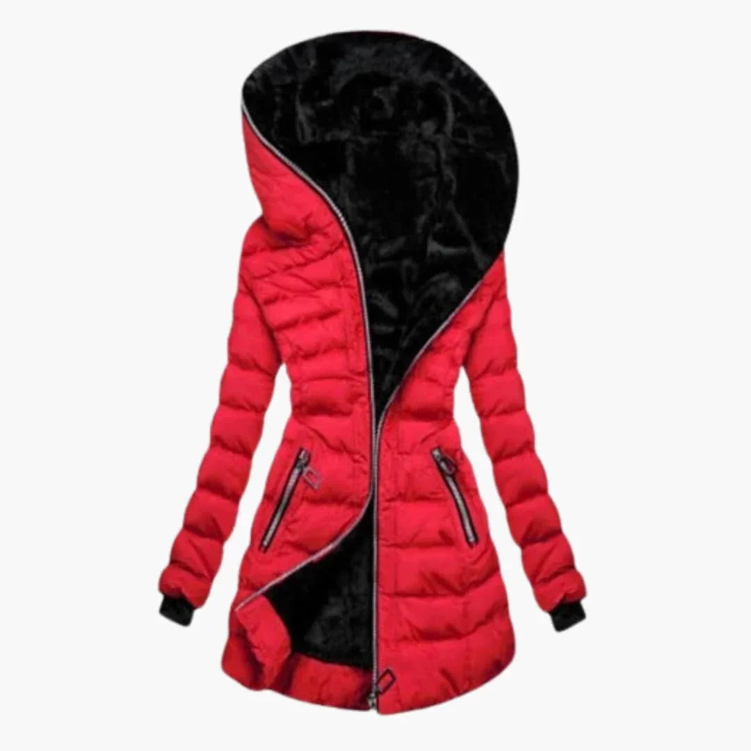 Women's Puffer Jacket, Quilted Longline Faux Fur Lined Hood
