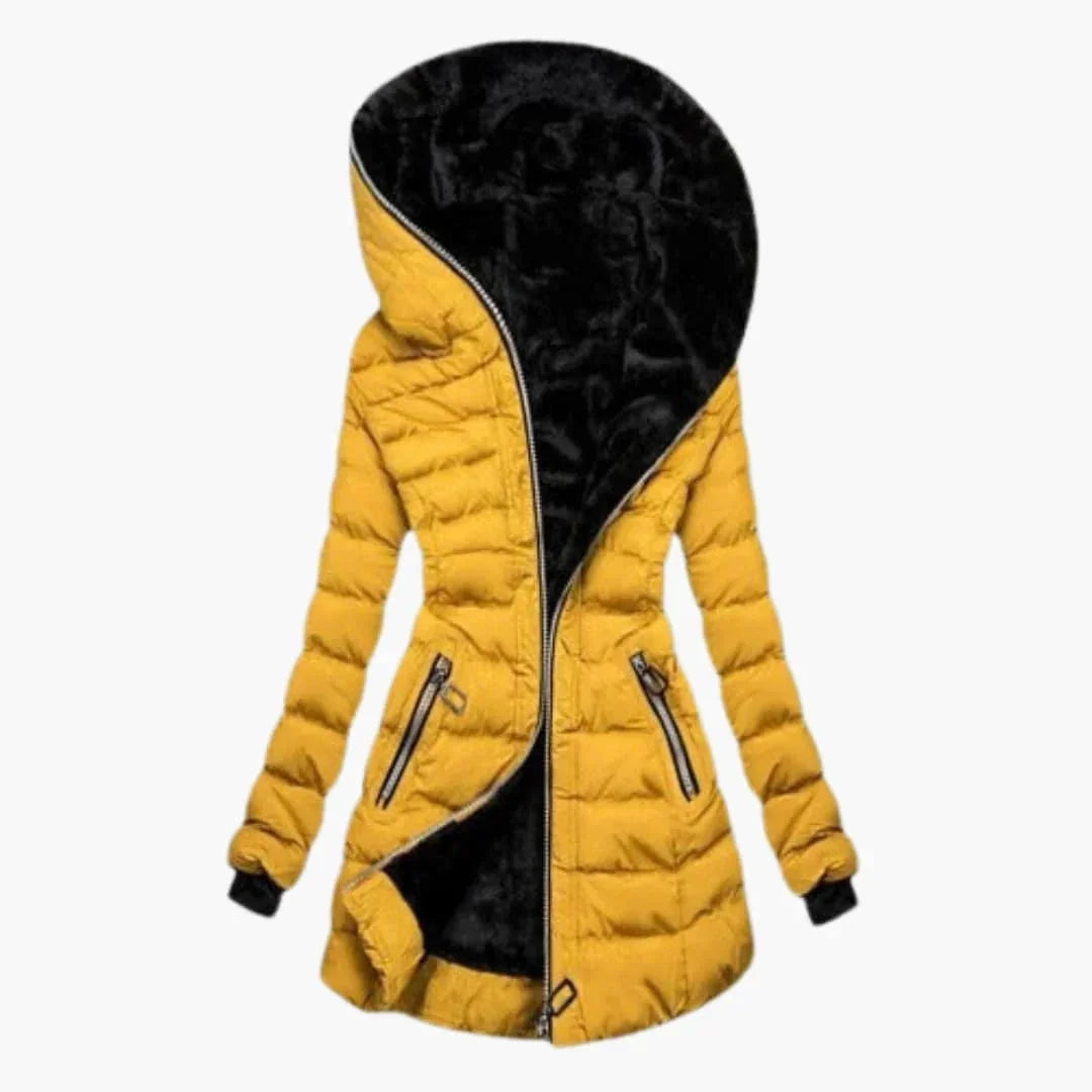 Women's Puffer Jacket, Quilted Longline Faux Fur Lined Hood