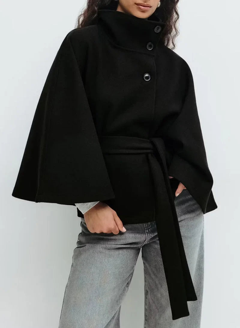 Women's Belted Long Cape Coat – Stand Collar