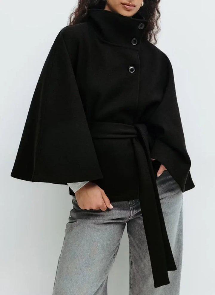 Women's Belted Long Cape Coat – Stand Collar