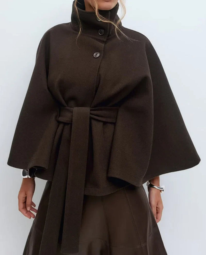 Women's Belted Long Cape Coat – Stand Collar