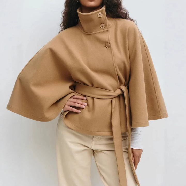 Women's Belted Long Cape Coat – Stand Collar