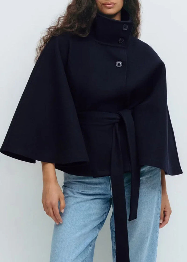 Women's Belted Long Cape Coat – Stand Collar