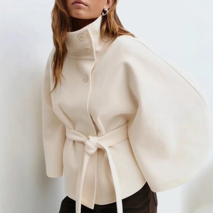 Women's Belted Long Cape Coat – Stand Collar