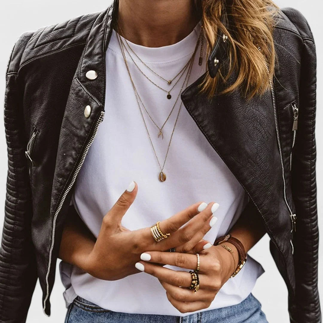 Women's Quilted Jacket, Faux Leather Cropped Moto