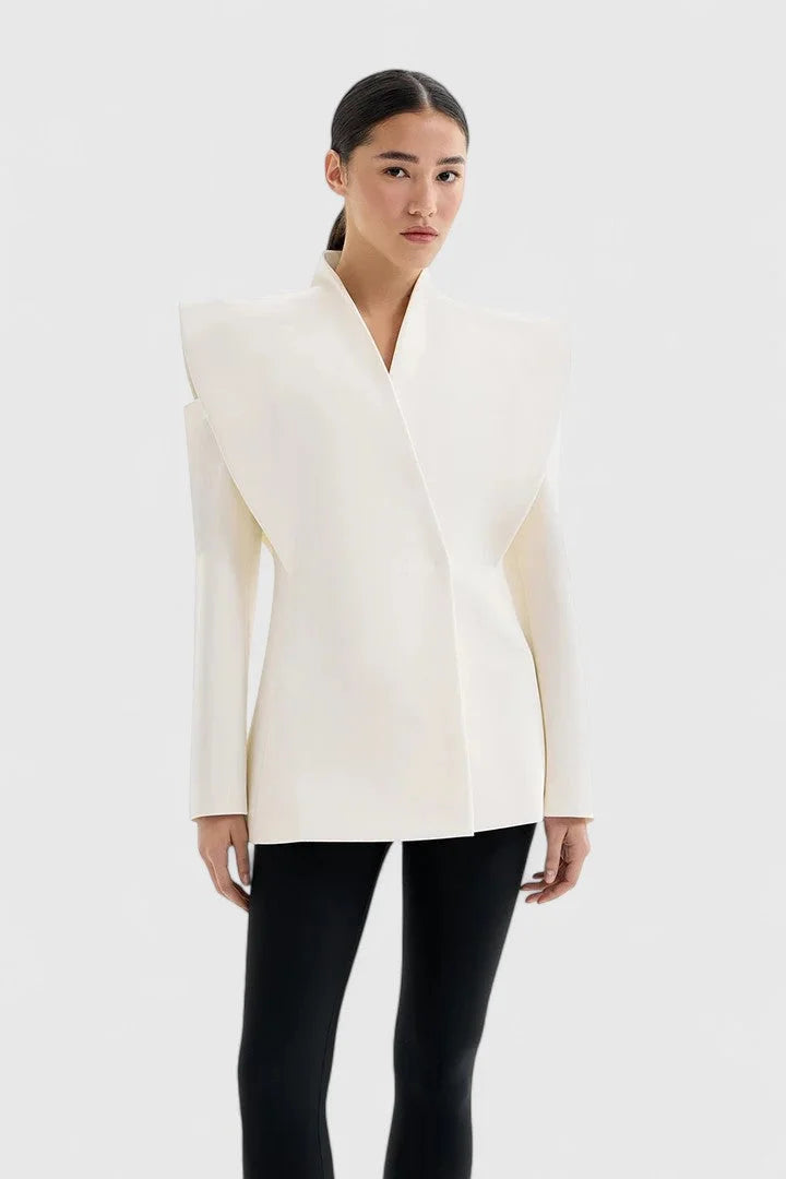 Women's Wrap Stand Collar Blazer – Exaggerated Shoulder Cut-Outs