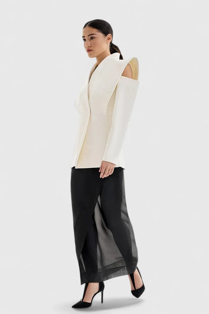 Women's Wrap Stand Collar Blazer – Exaggerated Shoulder Cut-Outs