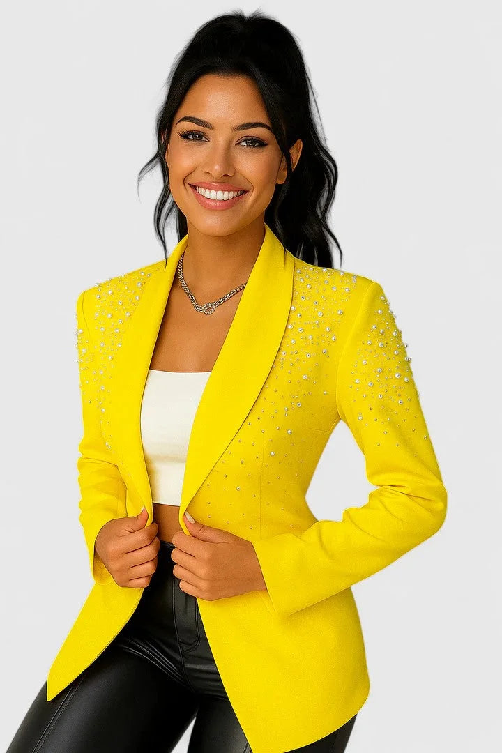 Women's Open-Front Shawl Collar Blazer – Beaded Shoulders