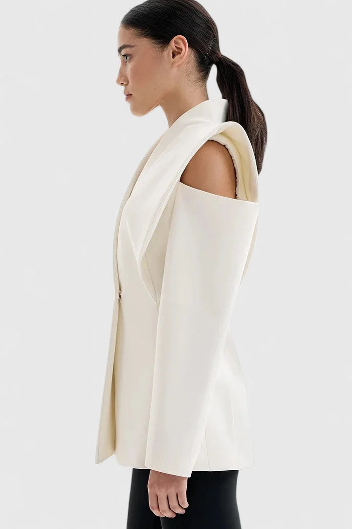 Women's Wrap Stand Collar Blazer – Exaggerated Shoulder Cut-Outs