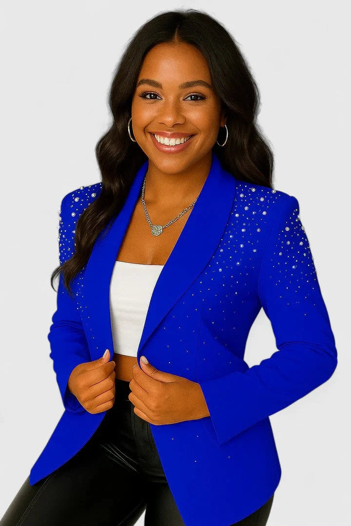 Women's Open-Front Shawl Collar Blazer – Beaded Shoulders