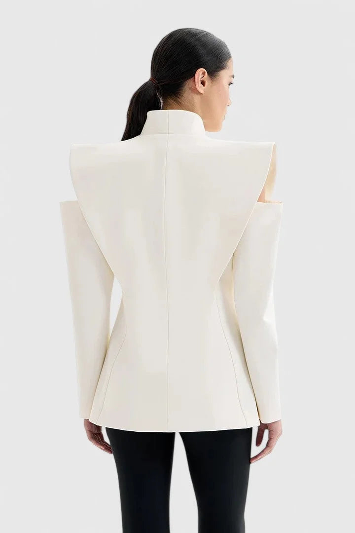Women's Wrap Stand Collar Blazer – Exaggerated Shoulder Cut-Outs