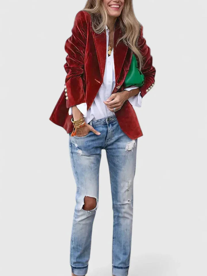 Women's Velvet Button-Front Notch Lapel Blazer – Decorative Cuff