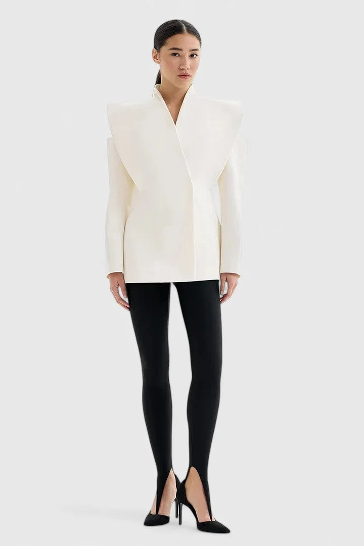 Women's Wrap Stand Collar Blazer – Exaggerated Shoulder Cut-Outs