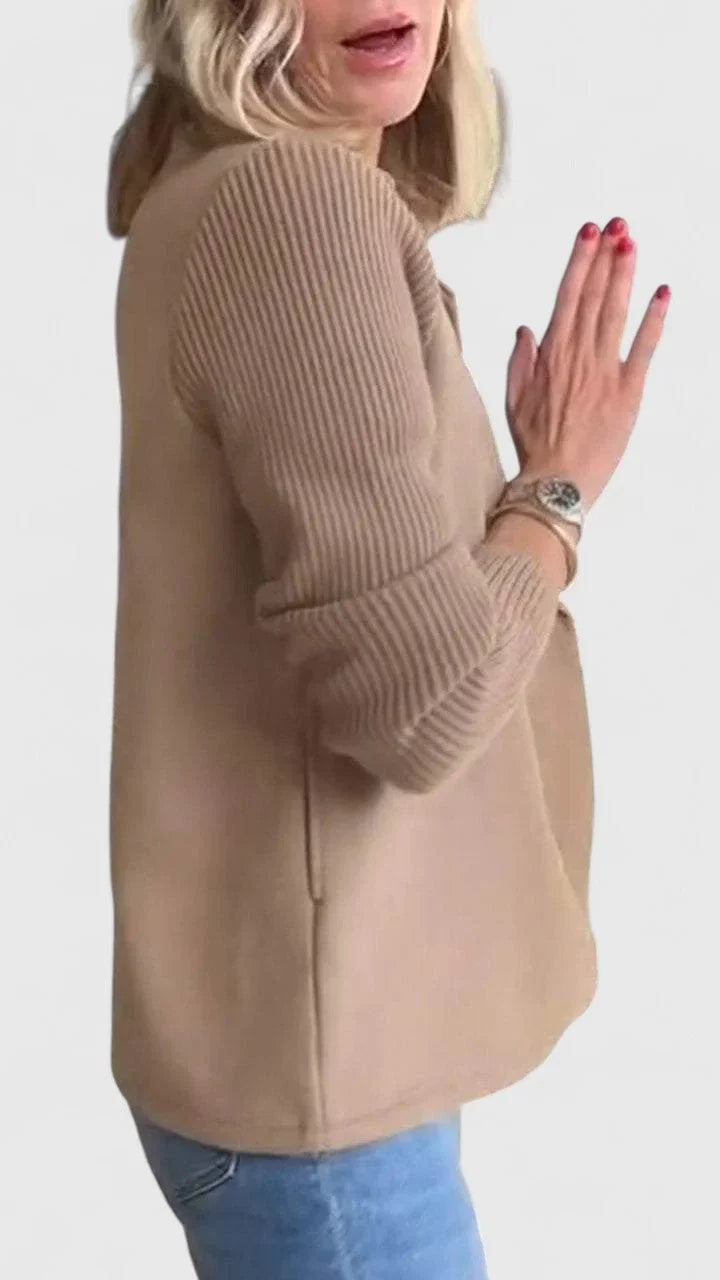 Women's Double-Breasted Notch Lapel Blazer – Ribbed Knit Sleeves