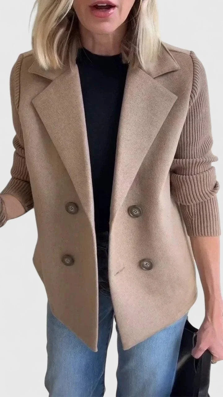 Women's Double-Breasted Notch Lapel Blazer – Ribbed Knit Sleeves