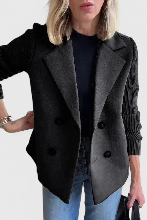 Women's Double-Breasted Notch Lapel Blazer – Ribbed Knit Sleeves