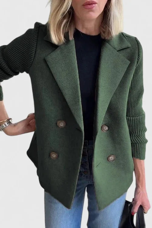 Women's Double-Breasted Notch Lapel Blazer – Ribbed Knit Sleeves