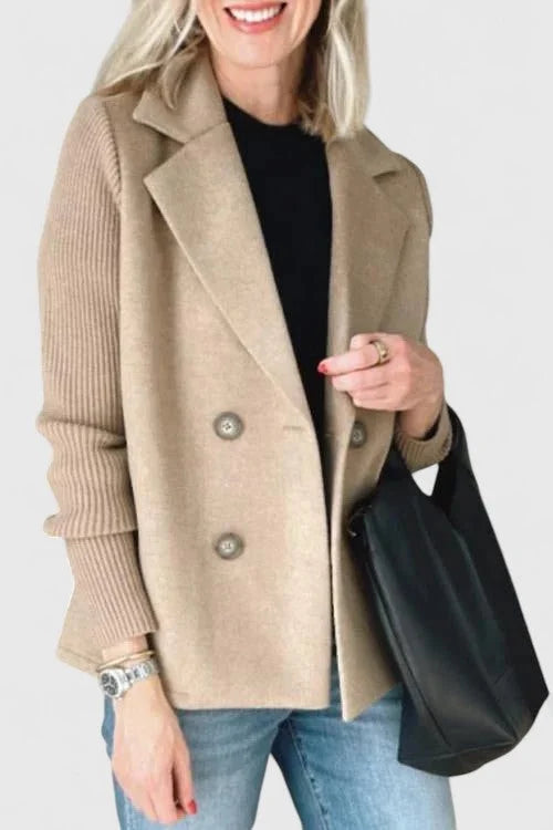 Women's Double-Breasted Notch Lapel Blazer – Ribbed Knit Sleeves