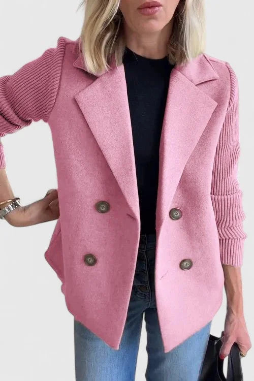 Women's Double-Breasted Notch Lapel Blazer – Ribbed Knit Sleeves