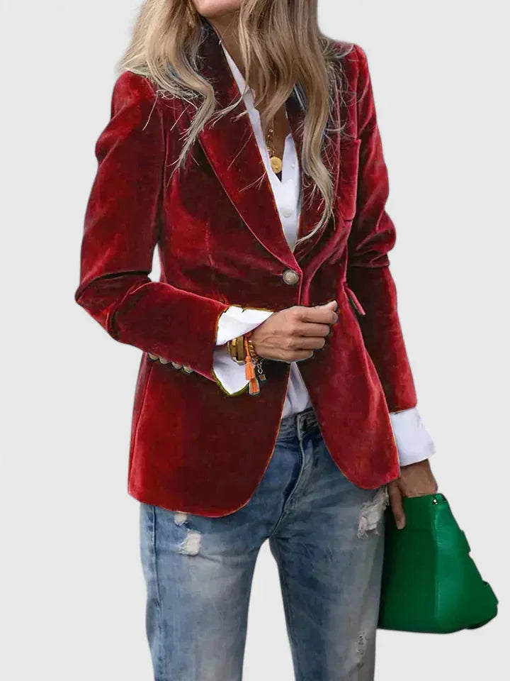 Women's Velvet Button-Front Notch Lapel Blazer – Decorative Cuff