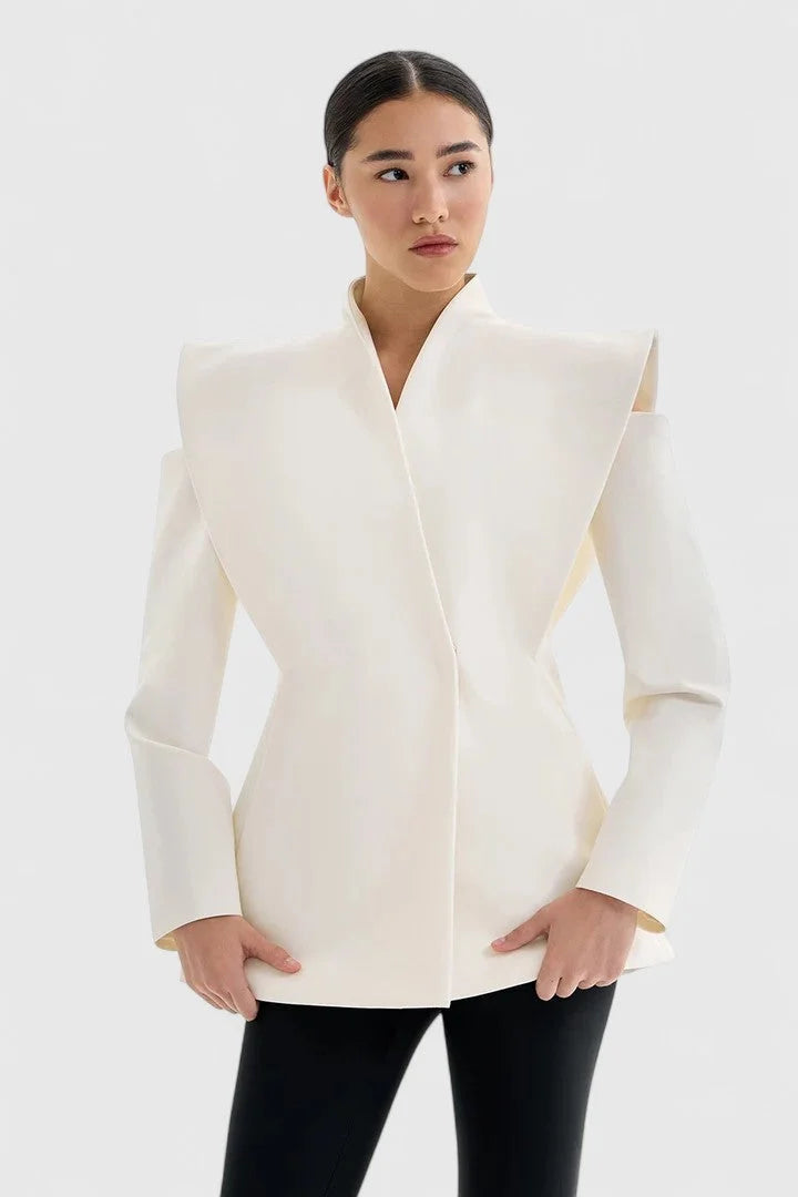 Women's Wrap Stand Collar Blazer – Exaggerated Shoulder Cut-Outs