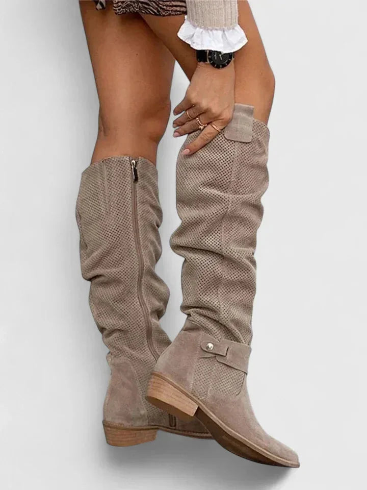 Women's Suede Side Zip Knee High Boots – Perforated Slouchy Shaft