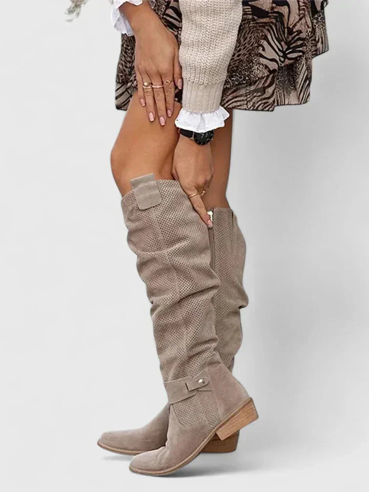 Women's Suede Side Zip Knee High Boots – Perforated Slouchy Shaft