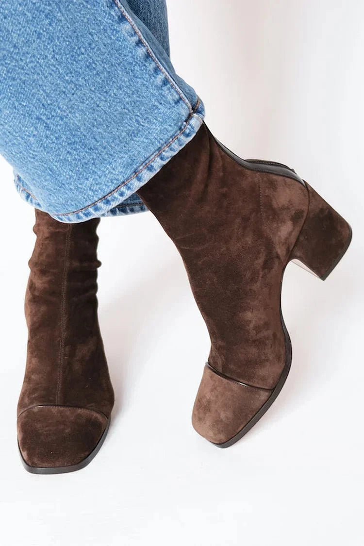 Women's Suede Side Zip Ankle Boots – Square Toe