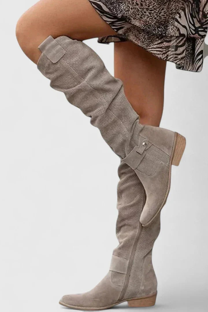 Women's Suede Side Zip Knee High Boots – Perforated Slouchy Shaft