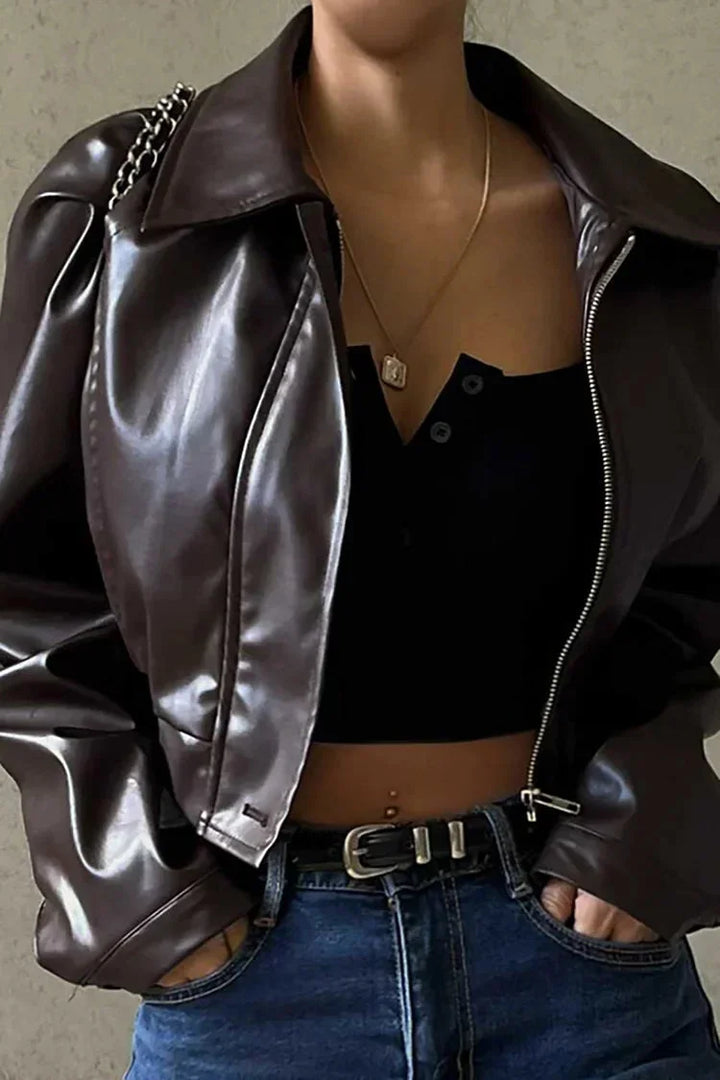 Women's Zip Front Leather Jacket, Faux Moto Cropped Notched Collar