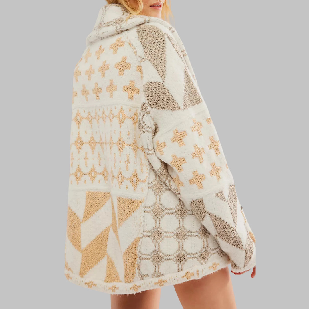 Women's Knit Open-Front Shawl Collar Cardigan – Patchwork Geometric