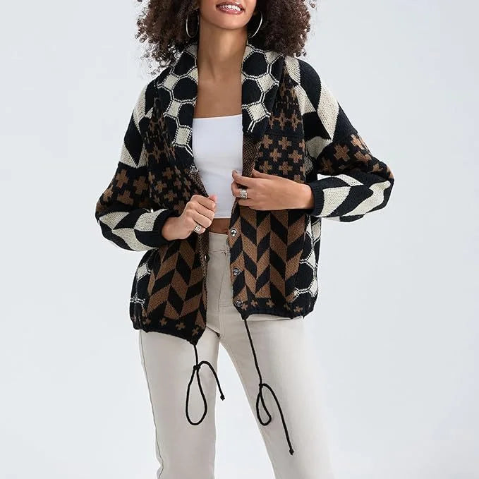 Women's Knit Open-Front Shawl Collar Cardigan – Patchwork Geometric