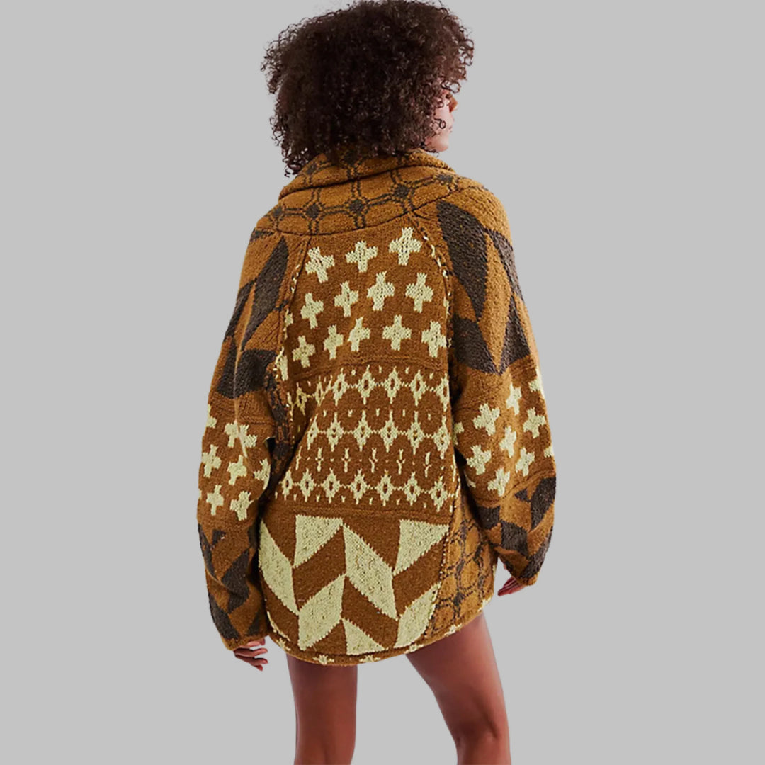 Women's Knit Open-Front Shawl Collar Cardigan – Patchwork Geometric
