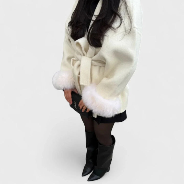Women's Wool Wrap Shawl Collar Jacket – Faux Fur Cuffs