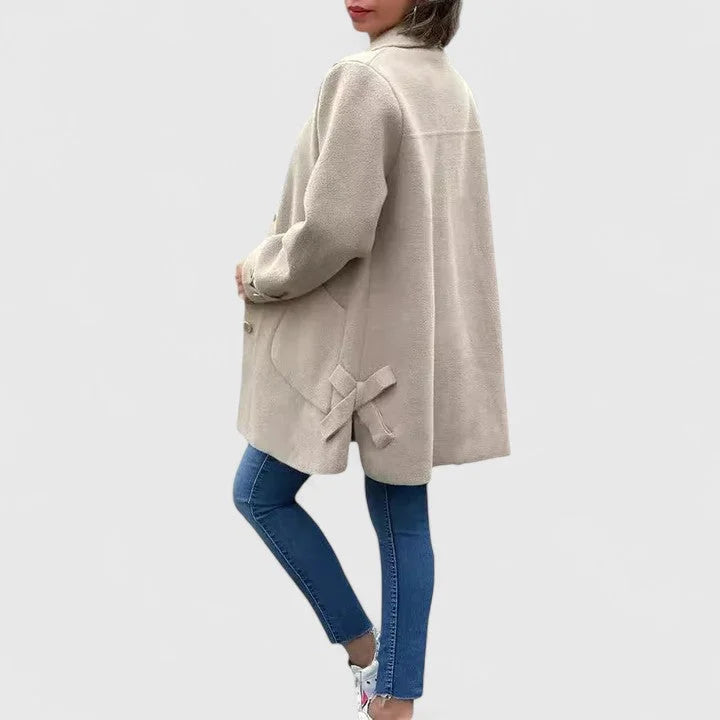 Women's Button-Front Collared Wool Coat – Bow Details On Back