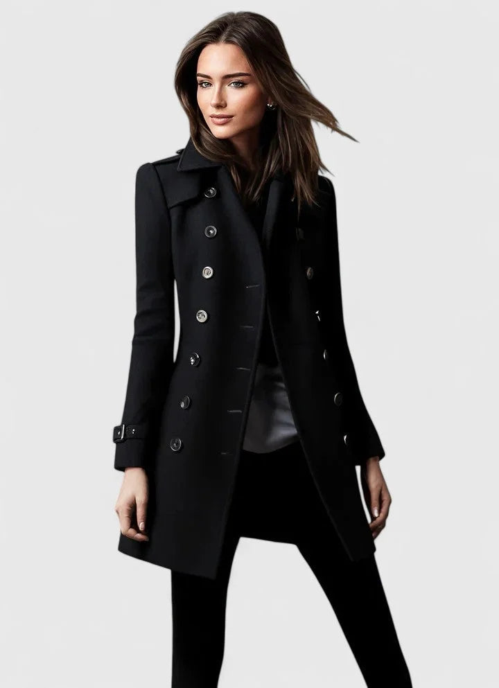 Women's Double-Breasted Notch Lapel Wool Coat – Shoulder Epaulets
