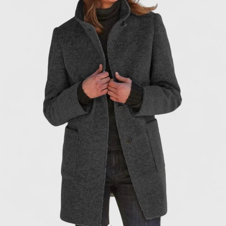 Women's Button-Front Stand Collar Wool Coat – Patch Pockets