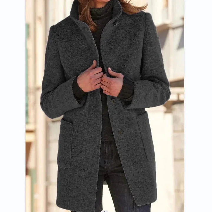 Women's Button-Front Stand Collar Wool Coat – Patch Pockets