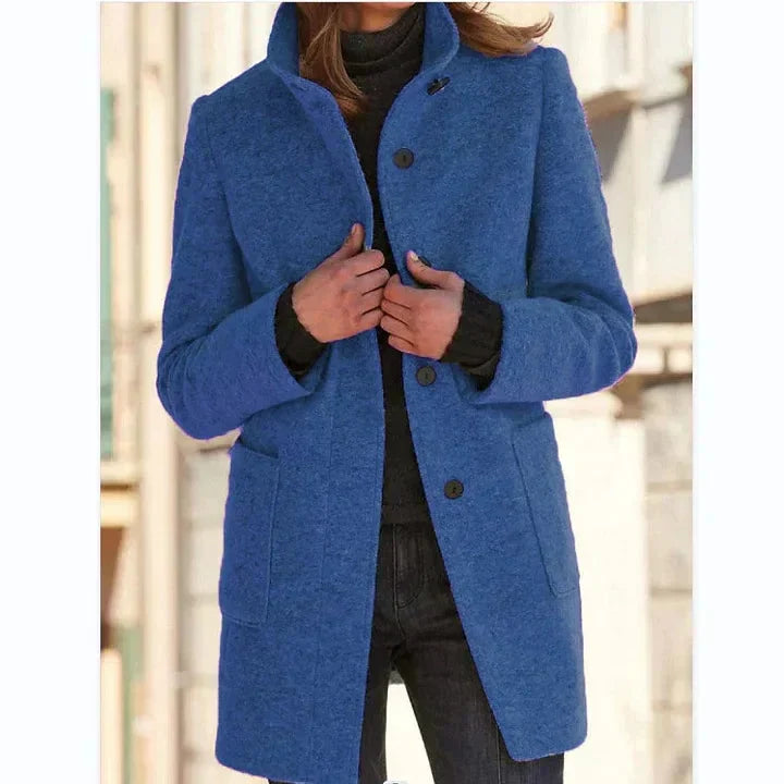 Women's Button-Front Stand Collar Wool Coat – Patch Pockets