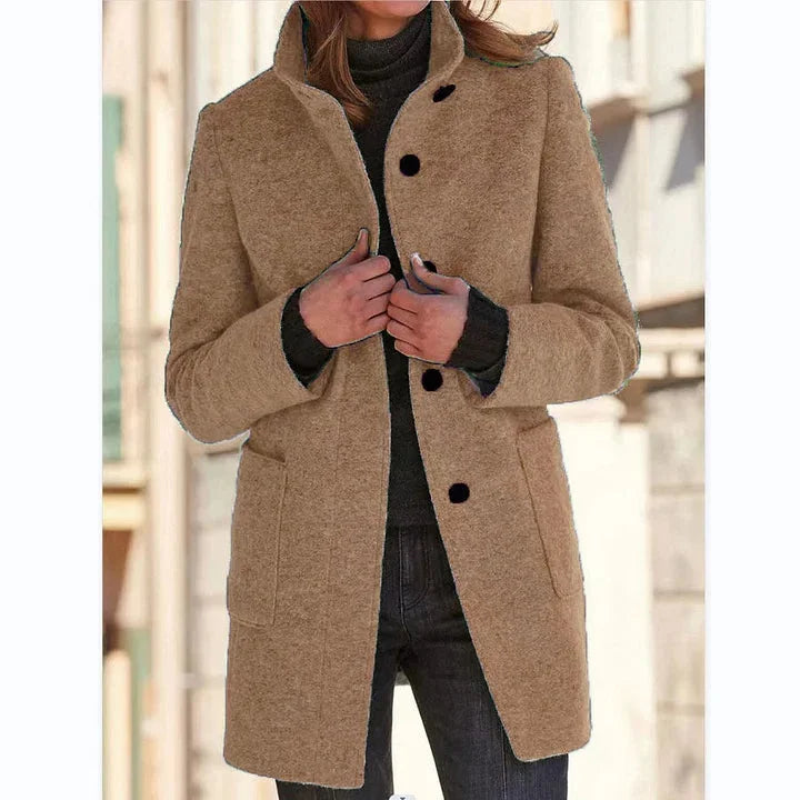 Women's Button-Front Stand Collar Wool Coat – Patch Pockets