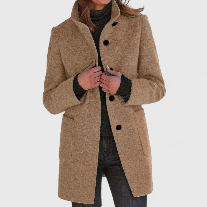 Women's Button-Front Stand Collar Wool Coat – Patch Pockets