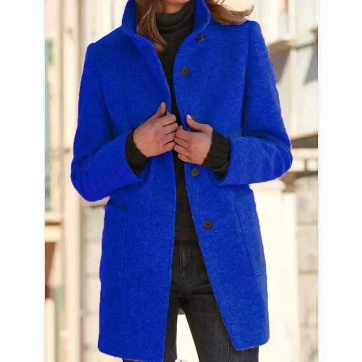 Women's Button-Front Stand Collar Wool Coat – Patch Pockets