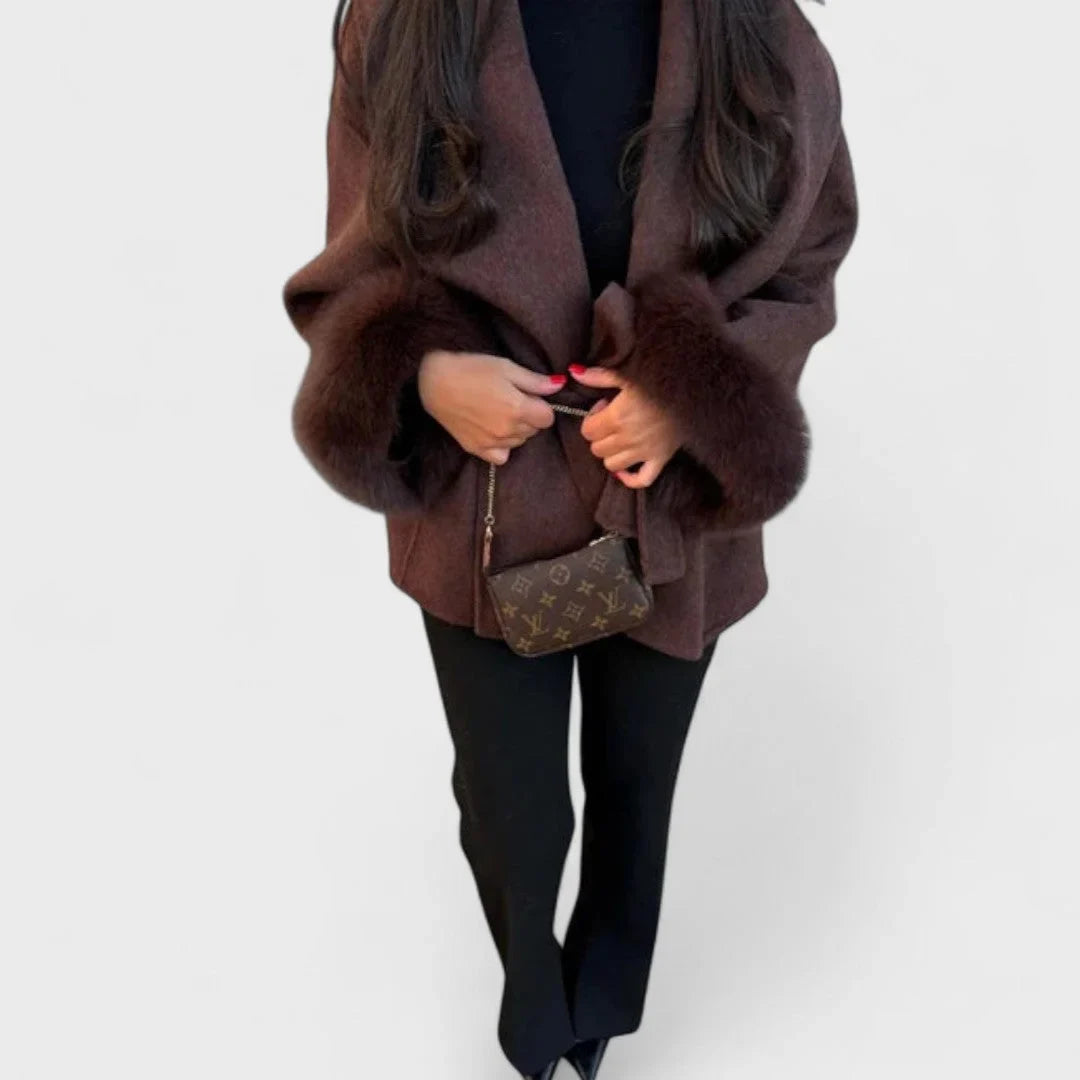 Women's Wool Wrap Shawl Collar Jacket – Faux Fur Cuffs