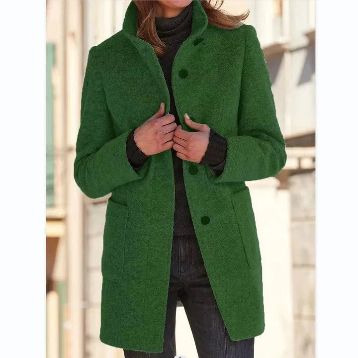 Women's Button-Front Stand Collar Wool Coat – Patch Pockets