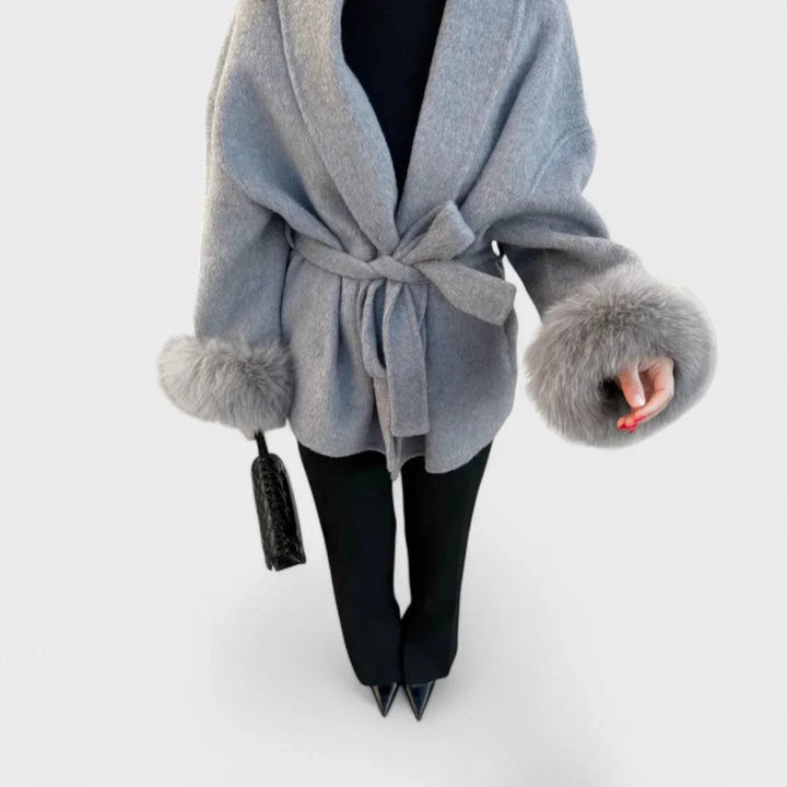 Women's Wool Wrap Shawl Collar Jacket – Faux Fur Cuffs