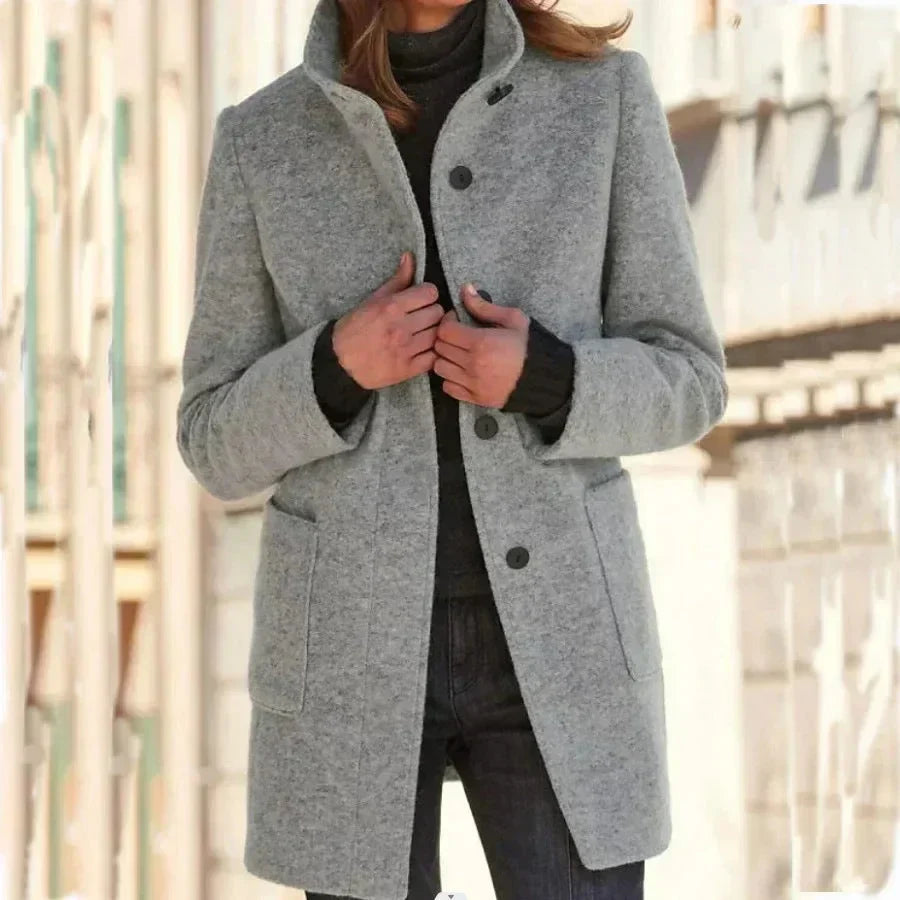 Women's Button-Front Stand Collar Wool Coat – Patch Pockets