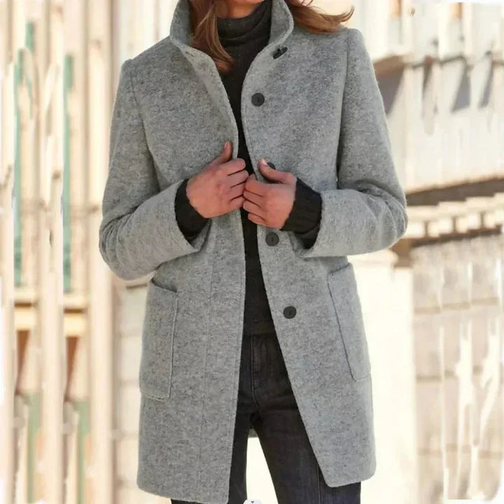Women's Button-Front Stand Collar Wool Coat – Patch Pockets