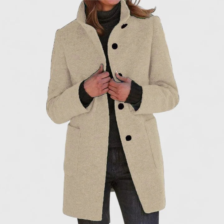 Women's Button-Front Stand Collar Wool Coat – Patch Pockets