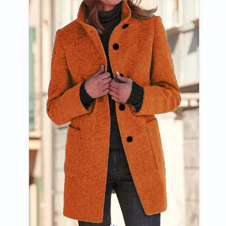 Women's Button-Front Stand Collar Wool Coat – Patch Pockets