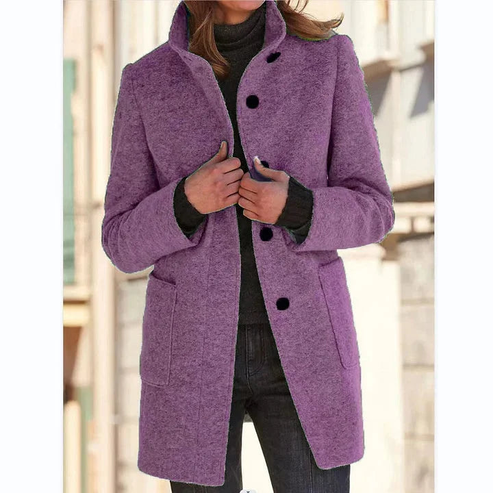 Women's Button-Front Stand Collar Wool Coat – Patch Pockets